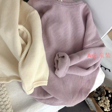 Ary 女童毛衣 女童針織衣 女童打底衫 长袖上衣 兒童春裝華夫格打底衫 簡約百搭春季純色長袖T恤 男女寶寶韓風上衣