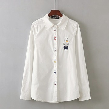 刺繡長袖襯衫 秋裝新款翻領時尚開衫卡通休閑寬松上衣 女棉I/11-2