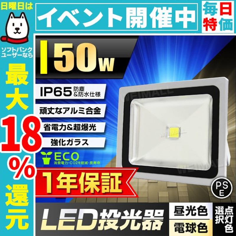 LED投光器 防水 電球色 昼光色 4300LM 50W 500W相当 広角 作業灯 ワークライト 屋外 防犯 3mコード付き 省エネ PSE  スタンド 通販 LINEポイント最大1.0%GET | LINEショッピング