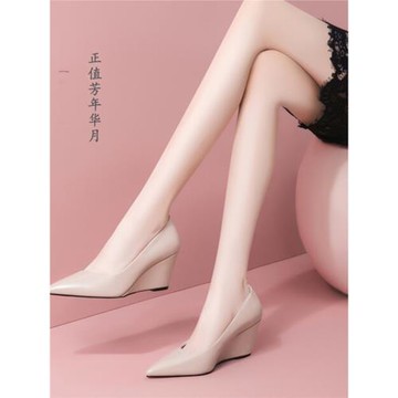 尖頭單鞋女坡跟歐美新款低幫柔軟舒適職業瓢鞋歐美羊皮淺口高跟鞋