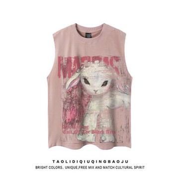 復古街頭小羊印花麂皮絨無袖T恤女嘻哈oversize休閑情侶外穿背心