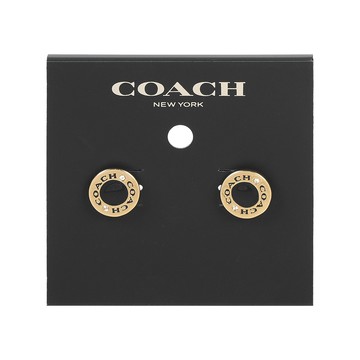 COACH Logo 及水鑽琺瑯圓形針式耳環(金色/黑色)