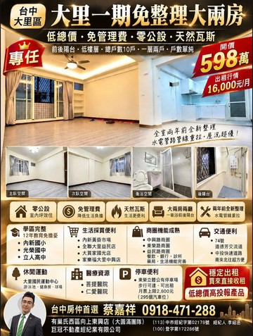 東榮.中興雙商圈/低總漂亮2房/小家庭首選！｜台中市大里區新南路