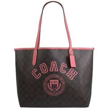 COACH CB869 經典印花拼皮肩背大托特包.深咖/桃