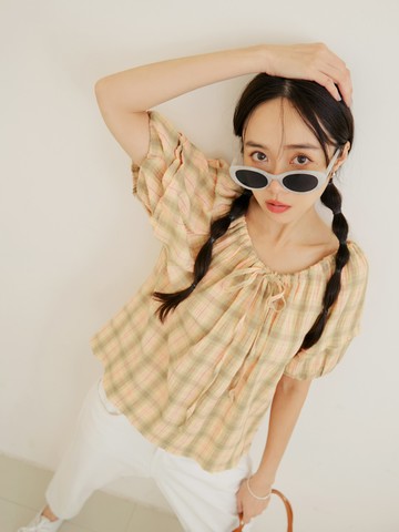 細緻格紋鬆緊兩穿領拋袖上衣