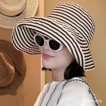 日係可折疊夏季條紋漁夫帽女新款長防曬帽子時尚盆帽大頭圍太陽帽 1BPX BBB H9VF