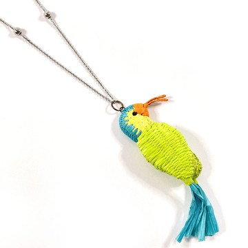 【日本直送．二手美品】PRADA 項鍊 鳥形墜飾 925銀/拉菲草 銀色/多色 飾品 長項鍊