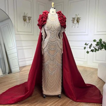 【女神婚紗禮服】極致串珠立體花糰削肩圓領開叉墜地長袍晚禮服LA72091c紅花糰