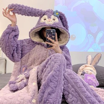 珊瑚絨睡衣冬季女款加絨加厚睡袍女秋冬天法蘭絨星黛露家居服套裝