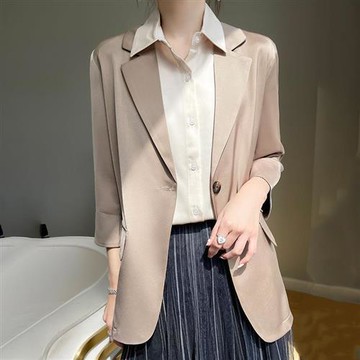 【米蘭精品】現貨+預購女外套高級西裝外套絲質外套-薄款緞面七分袖修身女外套4色74lc105