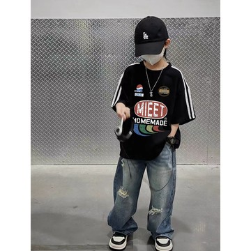 ATL 男童短袖 中大童衣服 兒童上衣 男童帥氣純棉短袖T恤夏季款潮牌復古條紋撞色寬松外穿中大童上衣