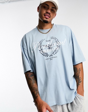 ASOS DESIGN oversized t-shirt in blue with city chest print