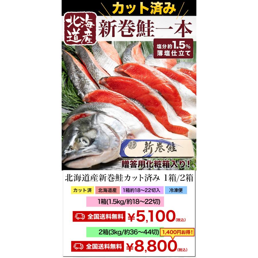 2箱3kg 北海道産新巻鮭 カット済み 新巻鮭 1.5キロ さけ サケ 鮭 しゃけ 荒巻鮭  塩分約1.5％ 贈答用 贈り物 ギフト 満足良品館 全国送料無料