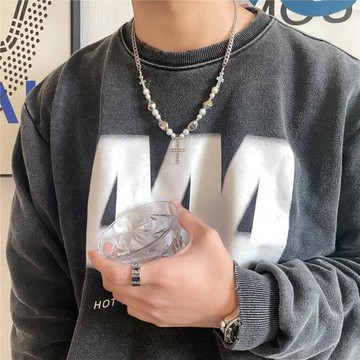 卡門 鑲鉆十字架吊墜反光珍珠拼接項鏈男潮ins嘻哈說唱高級感配飾