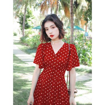 法式復古赫本風V領雪紡波點系帶高腰連衣裙收腰中長款茶歇裙女夏