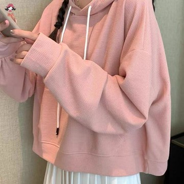 台灣出貨 短款韓版連帽衛衣女新款華夫格小個子寬鬆設計感小衆外套上衣秋季韓版大學T大學T慵懶風衛衣廣大衛衣女大尺寸衛衣女