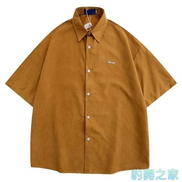 【豹開之家】夏季新款美式復古寬鬆純色金屬小標短袖襯衫男女設計感小眾學院風五分袖襯衣 翻領襯衫 休閒襯衫 男生襯衫K647
