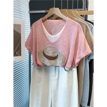 v領假兩件提花針織衫女2025夏裝新款寬松慵懶風上衣薄短袖t恤衫潮