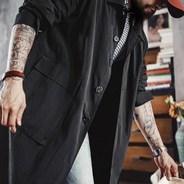 馬登工裝 美式黑色巴爾瑪肯風衣翻領中長款日系通勤大衣外套男秋