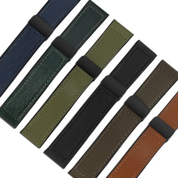 Watchband / 22mm / 各品牌通用 黑鋼磁吸扣 外層皮革 內層橡膠錶帶 藍/綠/軍綠/黑/褐/棕 #858-336IC
