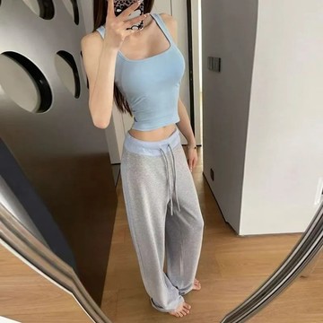灰色撞色腰頭拼接運動休閒褲女2026夏季新款高腰垂感寬鬆拖地長褲