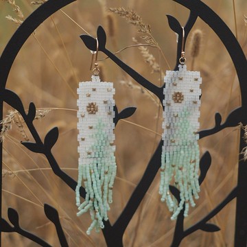 手工薄荷色和白色 Miyuki 串珠耳環 – 花卉圖案 銀鉤