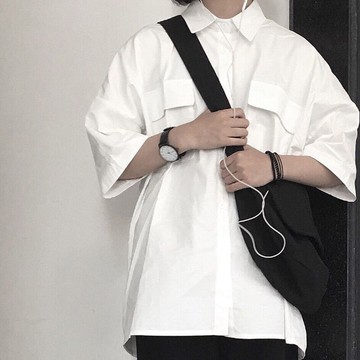 白色短袖襯衫女學生韓版寬松夏季中長款外穿bf工裝襯衣外套女上衣