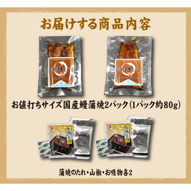 お値打ちサイズ　国産鰻蒲焼２パック　手焼き　送料無料　冷蔵クール便　ギフト　お祝い　誕生日　贈りもの