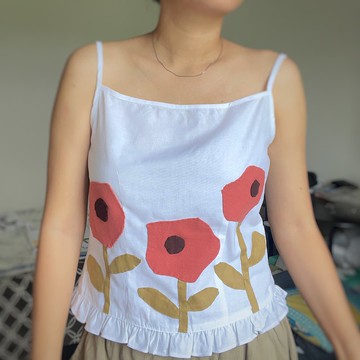 細肩帶上衣，棉質，拼貼紅色花卉圖案