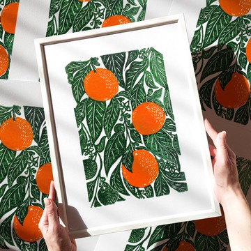 橙子亞麻油氈版畫植物原創藝術品廚房牆藝術裝飾