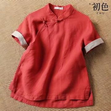 初色 新中式純色立領斜襟盤釦拼接短袖上衣女上衣-共2色-14376(M-3XL可選)