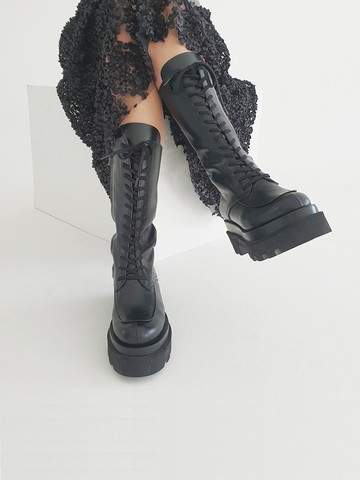 Middle lace-up hoop boots (black cowhide / 6.5cm)