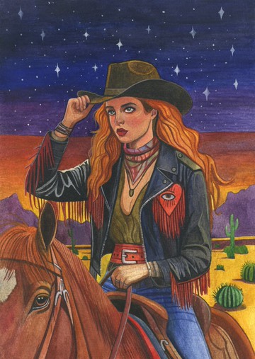 原創水彩沙漠馬匹畫作 – 渲染夜空的西部藝術，19×27 公分