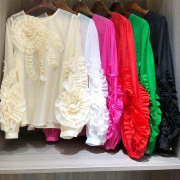 早新款時尚立體盤花裝飾后拉鏈雪紡衫女褶皺木耳邊長袖純色襯衫