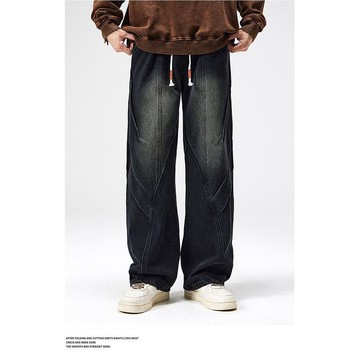 潮牌美式復古做舊水洗直筒牛仔褲男寬鬆潮流百搭長褲男