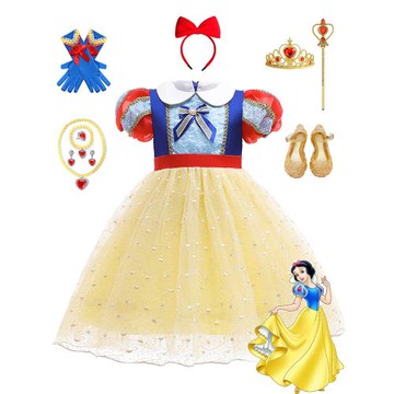 夏女童白雪公主裙泡泡短袖網紗蓬蓬裙娃娃領過膝裙子花童周歲禮服