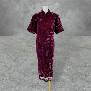 二手 咖啡色 薄紗 織紋絨 輕薄 古董訂製 短袖 旗袍 PF522