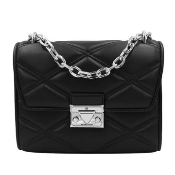 【Michael Kors】SERENA小香風壓釦菱格紋鉚釘翻蓋肩/斜兩用鍊包-黑銀