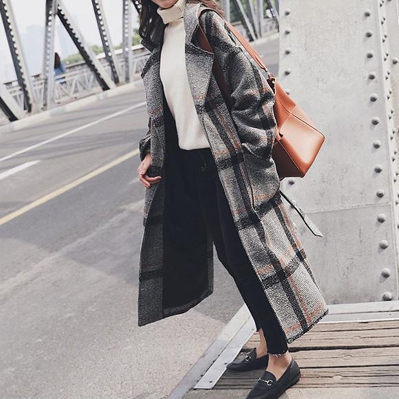 ベルト付きチェック柄ロングコート レディース コート 韓国  