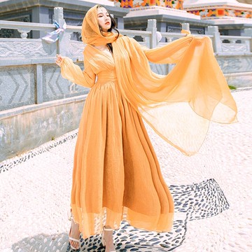 西藏敦煌旅游復古波西米亞沙漠長裙度假民族風連衣裙大擺裙防曬