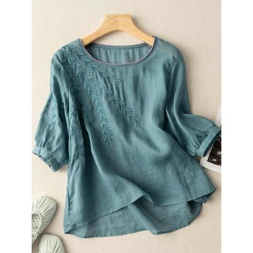復古刺繡套頭苧麻襯衫女士夏季薄款寬松顯瘦漂亮小衫亞麻純色上衣