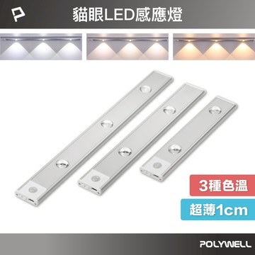 POLYWELL 貓眼投射式磁吸LED感應燈 超薄型設計 USB-C充電 人體感應 3種色溫可調 寶利威爾 台灣現貨
