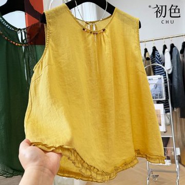 初色 純色輕薄透氣木耳邊圓領無袖背心馬甲襯衫寬鬆上衣女上衣-共2色-13707(M-2XL可選)