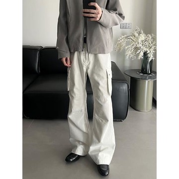 DESERTO 骨白水洗白牛Cargo寬松微喇立體裁剪褶皺工裝褲休閑長褲