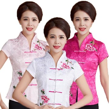 中老年女夏七分袖刺繡上衣棉唐裝短袖襯衫民族風婚禮修身媽媽裝夏