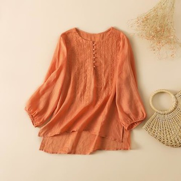 夏款苧麻紐扣長袖上衣女大碼寬松刺繡衫薄款T恤胖MM純色棉麻襯衣