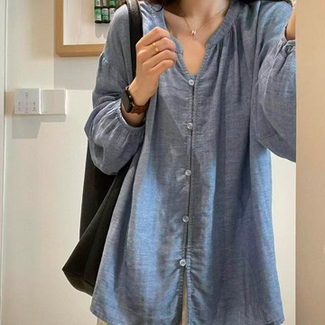 現款免運 長袖襯衫 長袖襯衫女 日系文藝休閒藍色棉麻娃娃衫女夏季寬鬆慵懶風泡泡袖防曬襯衫上衣N襯衫上衣