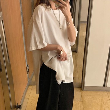 ins超火短袖T恤女夏大版寬松潮bf慵懶風中長款原宿開叉上衣服