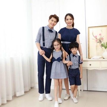 親子裝禮服夏裝格子襯衫母女裝連衣裙寶寶嬰兒洋氣時尚領結背帶褲