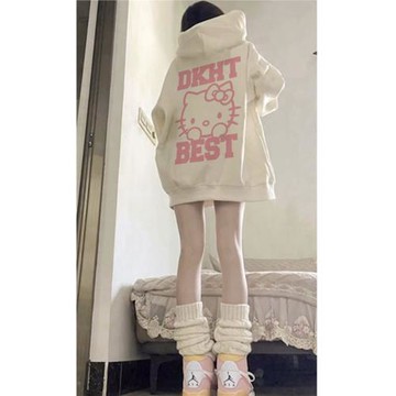 早春可愛連帽衛衣女款2026新款爆款杏色長袖學生春秋薄款寬松上衣